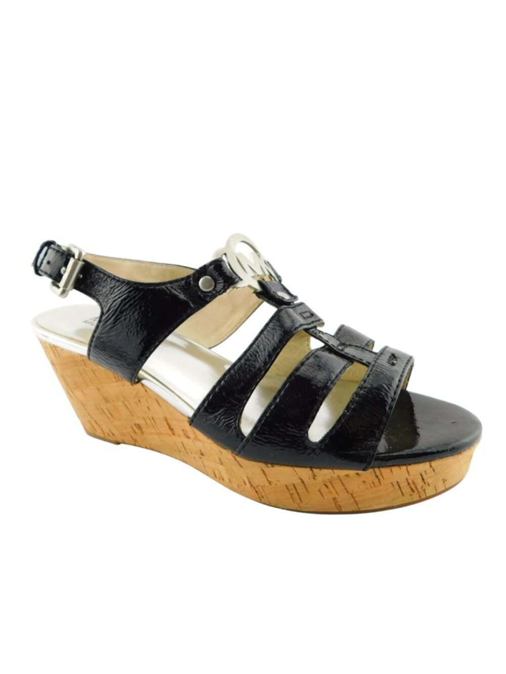 MICHAEL KORS MK Logo Black Leather Cork Wedge Platform Sling Back Sandals 6